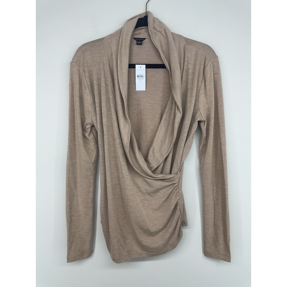 NWT Ann Taylor MEDIUM Wrap Blouse Tags Stretch Shawl Collar Capsule Wardrobe